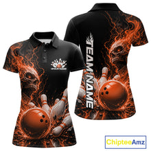 Load image into Gallery viewer, Front and back mockup of a black women's bowling polo featuring an orange flaming skull, lightning, bowling pins, and a custom name.
