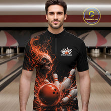 Load image into Gallery viewer, Custom Name Orange Flame Skull Bowling Men Quarter-Zip Shirts, Halloween Team Bowling Outfit IPHW11393