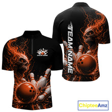 Load image into Gallery viewer, Custom Name Orange Flame Skull Bowling Men Quarter-Zip Shirts, Halloween Team Bowling Outfit IPHW11393