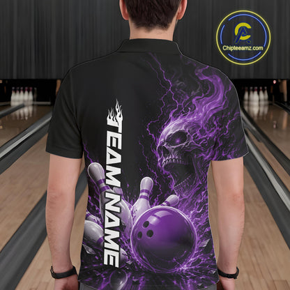 Back view of a male model in a bowling alley wearing a black bowling polo shirt featuring a purple fiery skull design with lightning striking a bowling ball and pins and a custom name.

