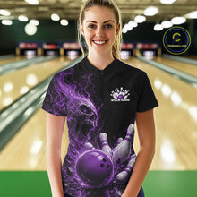 Load image into Gallery viewer, Front view of a female model in a bowling alley wearing a black quarter zip bowling shirt with a purple flaming skull, lightning, bowling pins, and a custom name.
