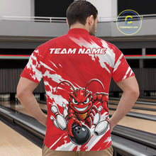 Load image into Gallery viewer, Back view of a male model in a bowling alley wearing a red custom quarter zip bowling shirt with an aggressive crawfish bowling design and a distressed background.