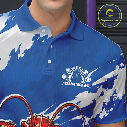 Close up front view of the left chest area on a blue custom bowling polo shirt featuring a fierce yet funny crawfish bowling character and a distressed background design.