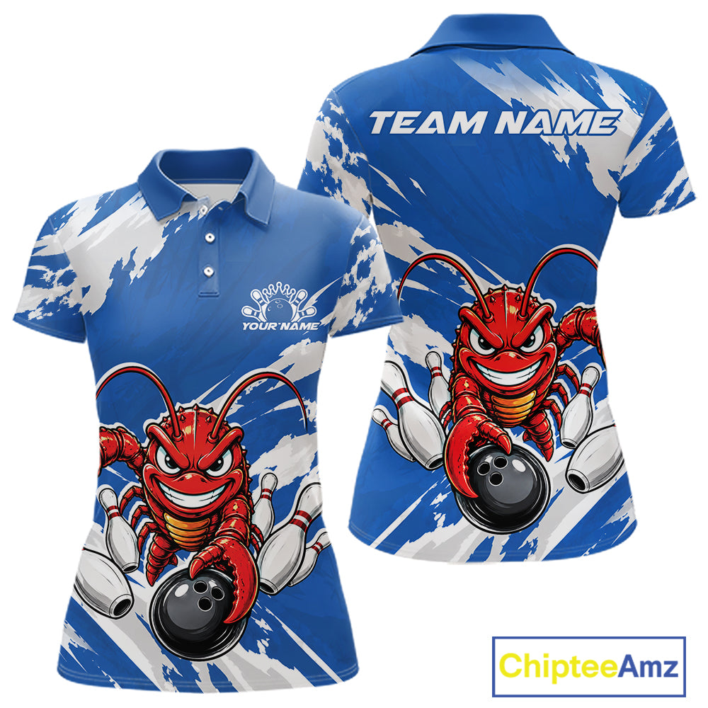 Front and back views of a blue custom women's bowling polo shirt featuring a fierce yet funny crawfish bowling character and a distressed background design.