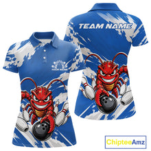Load image into Gallery viewer, Front and back views of a blue custom women's bowling polo shirt featuring a fierce yet funny crawfish bowling character and a distressed background design.