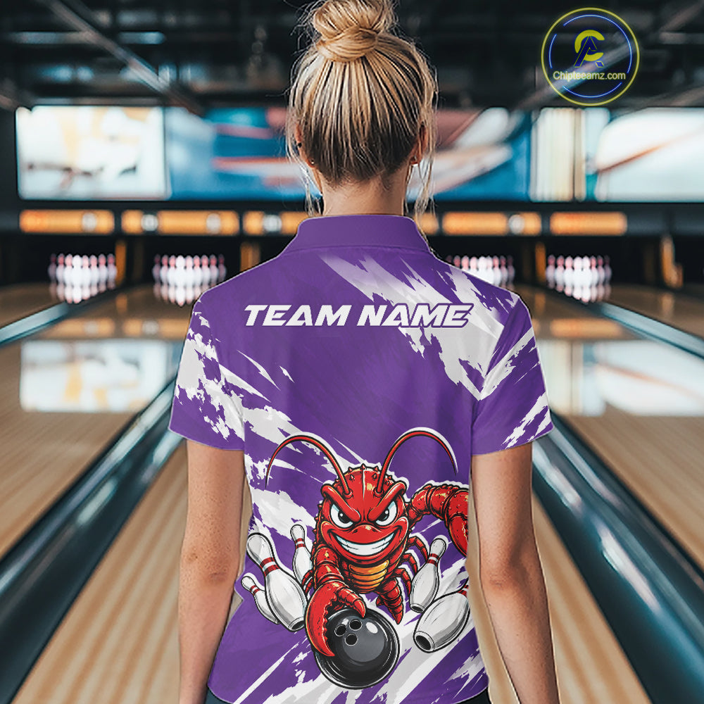 Back view of a female model in a bowling alley wearing a purple custom bowling polo shirt with an aggressive crawfish bowling design and a distressed background.