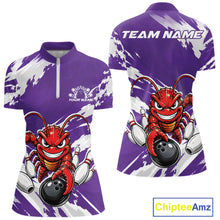 Load image into Gallery viewer, Front and back views of a purple custom women's quarter zip bowling shirt featuring an aggressive crawfish bowling design with a distressed background.