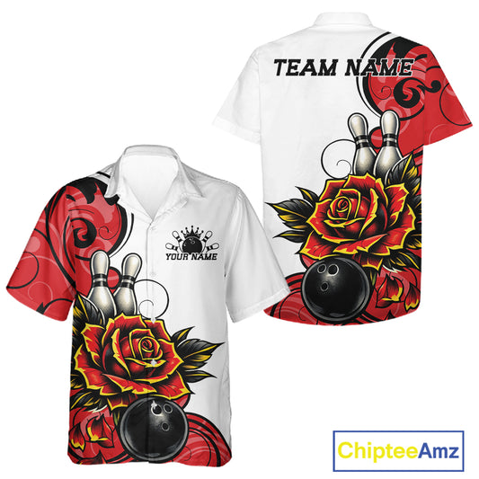 Custom Red Rose Bowling Men And Women Hawaiian Shirt, Floral Bowling Team Shirt IPHW11690