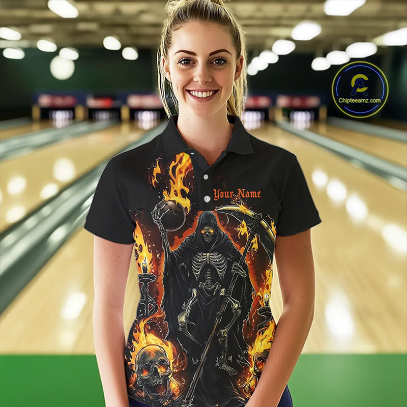Grim Reaper Custom Flame Ladies Bowling Shirts, Black And Fiery Halloween Bowling Outfits IPHW7631