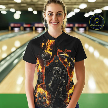 Grim Reaper Custom Flame Ladies Bowling Shirts, Black And Fiery Halloween Bowling Outfits IPHW7631