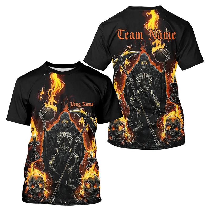 Grim Reaper Custom Flame Bowling Men T-Shirts, Black And Fiery Halloween Bowling Outfit IPHW7631