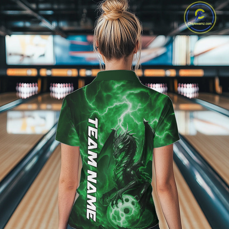 Custom Green Thunder Lightning Bowling Team Women Polo Shirt, Dragon Bowling Jerseys IPHW10199