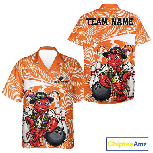 Front and back views of an orange custom bowling button up shirt featuring a funny Cajun crawfish leaning on a bowling ball with a swamp inspired texture background.