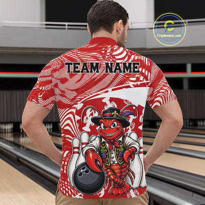 Back view of a male model in a bowling alley wearing a red custom quarter-zip bowling shirt with a funny Cajun crawfish leaning on a bowling ball and a swamp-inspired texture background.