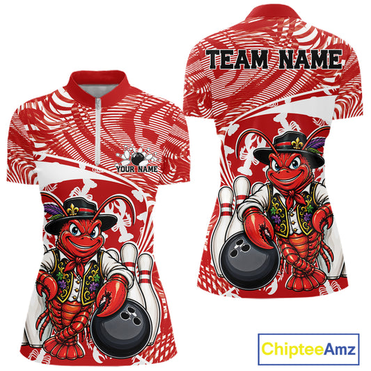 Front and back views of a red custom women's quarter-zip bowling shirt featuring a funny Cajun crawfish leaning on a bowling ball with a swamp-inspired texture background.