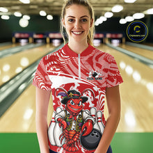 Load image into Gallery viewer, Front view of a happy female model in a bowling alley wearing a red custom quarter-zip bowling shirt with a funny Cajun crawfish leaning on a bowling ball and a swamp-inspired texture background.