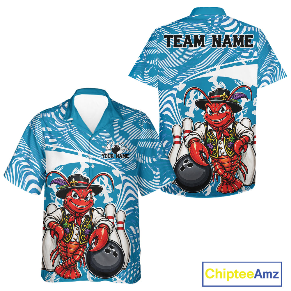 Front and back views of a blue custom bowling button up shirt featuring a funny Cajun crawfish leaning on a bowling ball with a swamp inspired texture background.