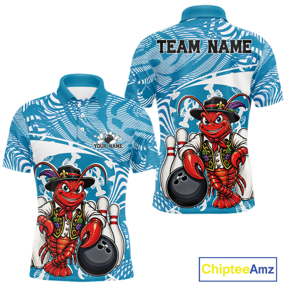 Front and back views of a blue custom men's bowling polo shirt featuring a funny Cajun crawfish leaning on a bowling ball with a swamp inspired texture background.