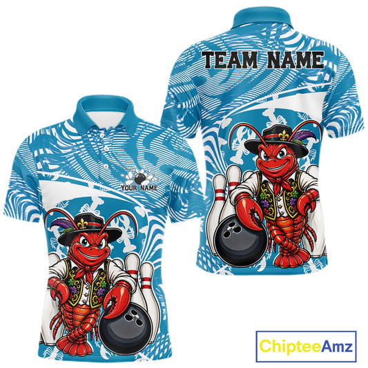 Front and back views of a blue custom men's bowling polo shirt featuring a funny Cajun crawfish leaning on a bowling ball with a swamp inspired texture background.