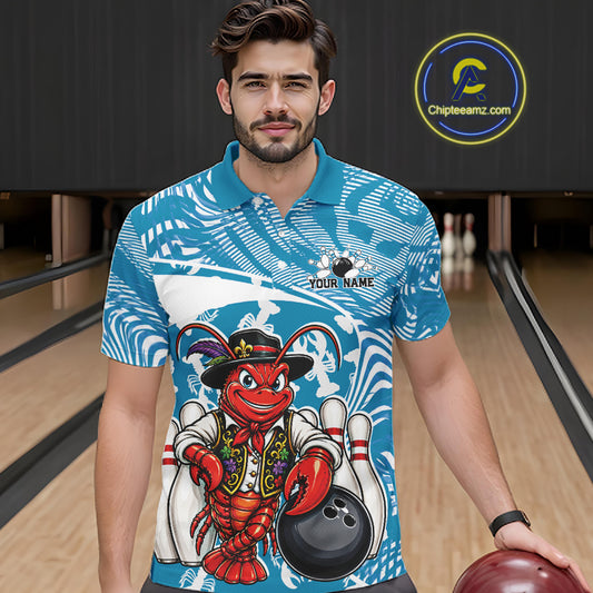 Front view of a male model in a bowling alley wearing a blue custom bowling polo shirt with a funny Cajun crawfish leaning on a bowling ball and a swamp inspired texture background.