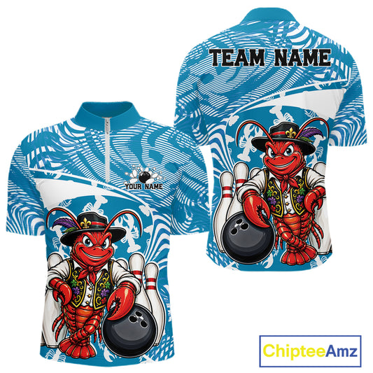 Front and back views of a blue custom quarter-zip bowling shirt featuring a funny Cajun crawfish leaning on a bowling ball with a swamp-inspired texture background.