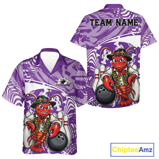 Front and back views of a purple custom bowling button up shirt featuring a funny Cajun crawfish leaning on a bowling ball with a swamp inspired texture background.
