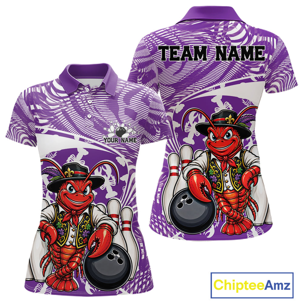 Front and back views of a purple custom women's bowling polo shirt featuring a funny Cajun crawfish leaning on a bowling ball with a swamp inspired texture background.