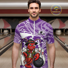 Load image into Gallery viewer, Front view of a male model in a bowling alley wearing a purple custom quarter-zip bowling shirt with a funny Cajun crawfish leaning on a bowling ball and a swamp-inspired texture background.