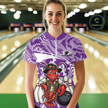 Load image into Gallery viewer, Front view of a happy female model in a bowling alley wearing a purple custom quarter-zip bowling shirt with a funny Cajun crawfish leaning on a bowling ball and a swamp-inspired texture background.