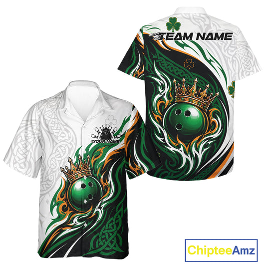 Custom White And Green Irish Tribal Pattern Bowling Ball With Crown Men And Women Hawaiian Team Shirt IPHW11696