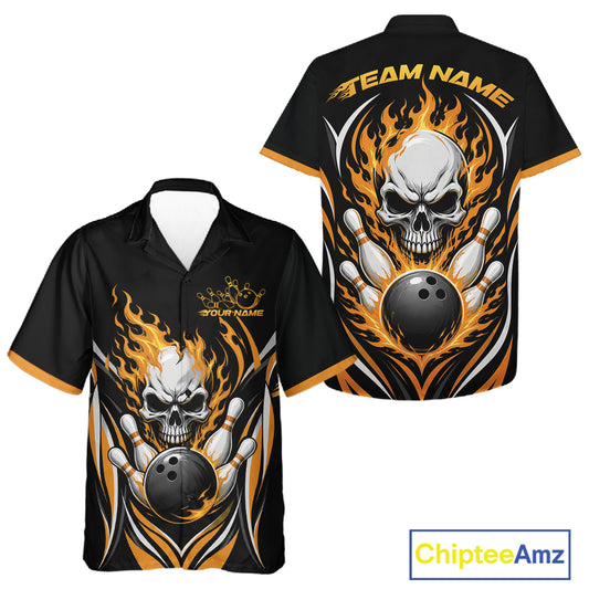 Custom Yellow Flame Skull Bowling Men And Women Hawaiian Shirt, Halloween Bowling Jersey IPHW11699