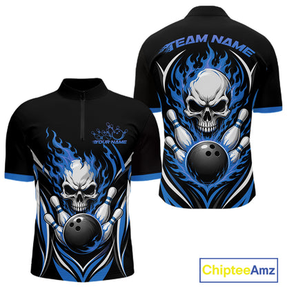 Custom Blue Flame Skull Bowling Men Quarter Zip Shirt, Halloween Bowling Jersey IPHW11701