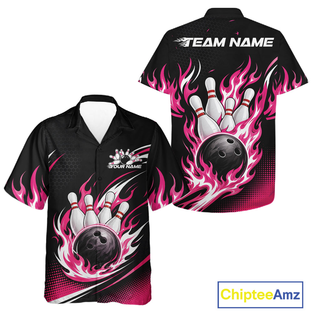 Custom Pink Flame Bowling Jerseys, Bowling Team Men And Women Hawaiian Shirt Bowlers Outfit IPHW11705