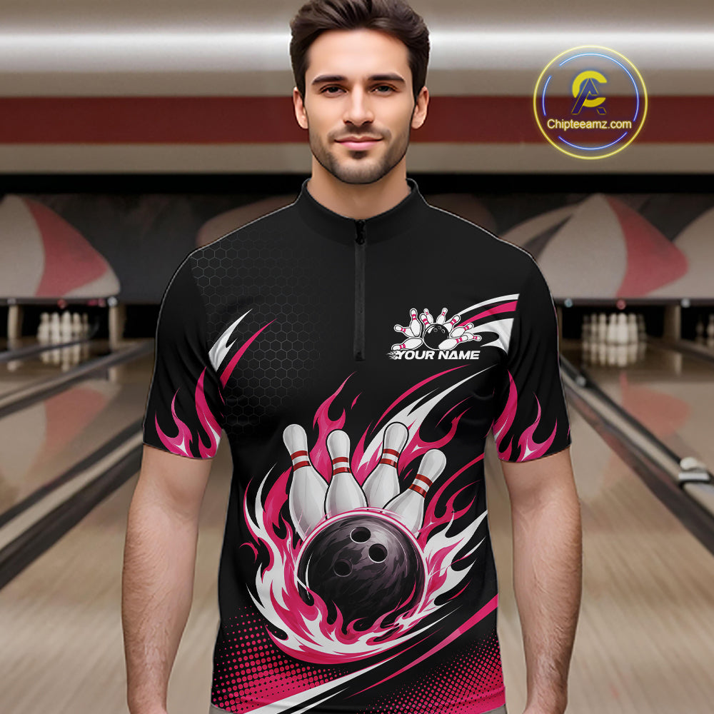 Custom Pink Flame Bowling Jerseys, Bowling Team Men Quarter Zip Shirt Bowlers Outfit IPHW11705