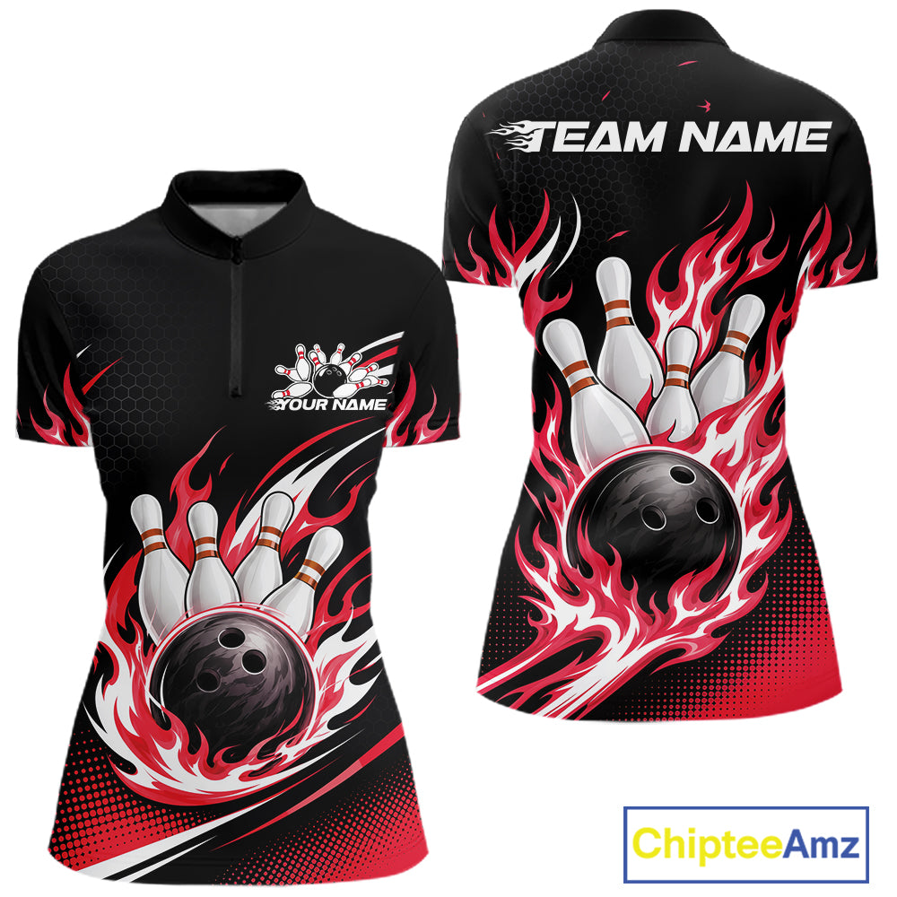 Custom Red Flame Bowling Jerseys, Bowling Team Women Quarter-Zip Shirt Bowlers Outfit IPHW11707