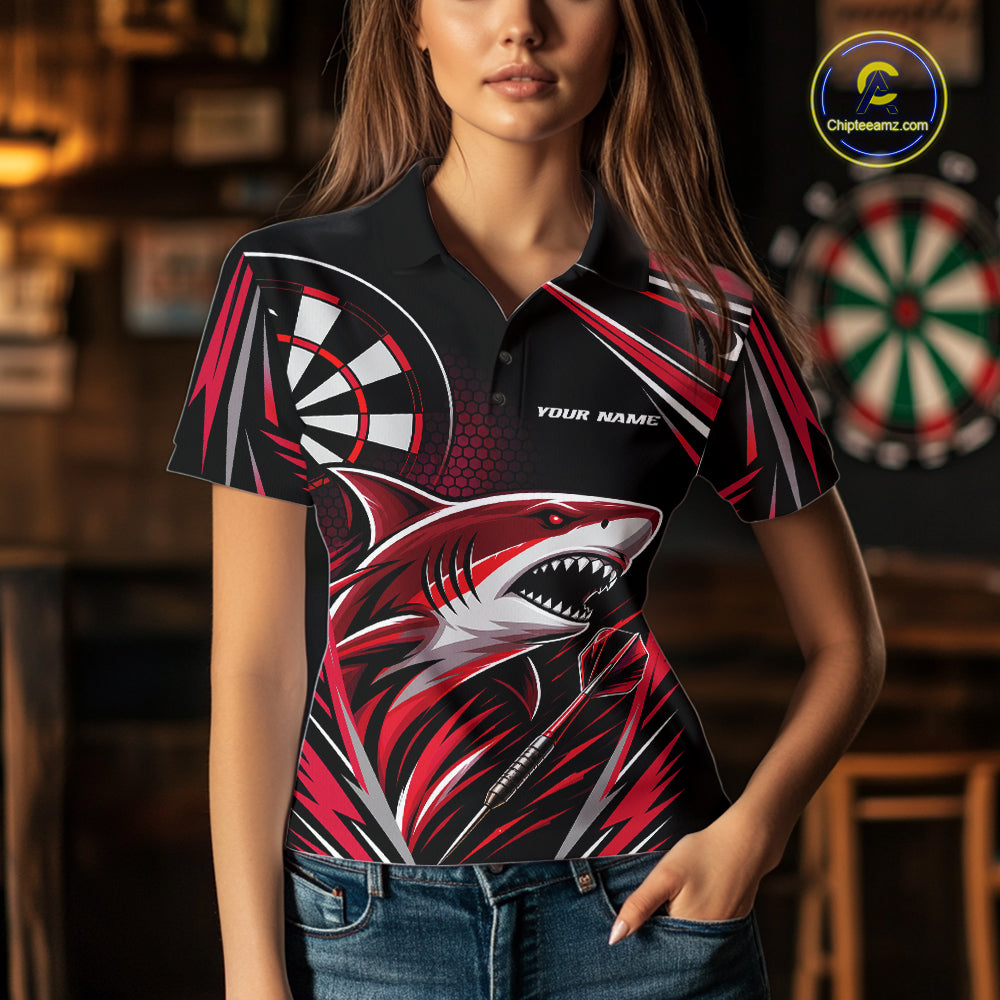 Custom Black And Red Shark Darts Jerseys, Darts Team Women Polo Shirt IPHW11716