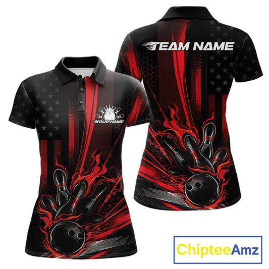 Custom Black And Red US Flag Patriotic Women Bowling Shirt, American Flame Bowling Jerseys IPHW10640