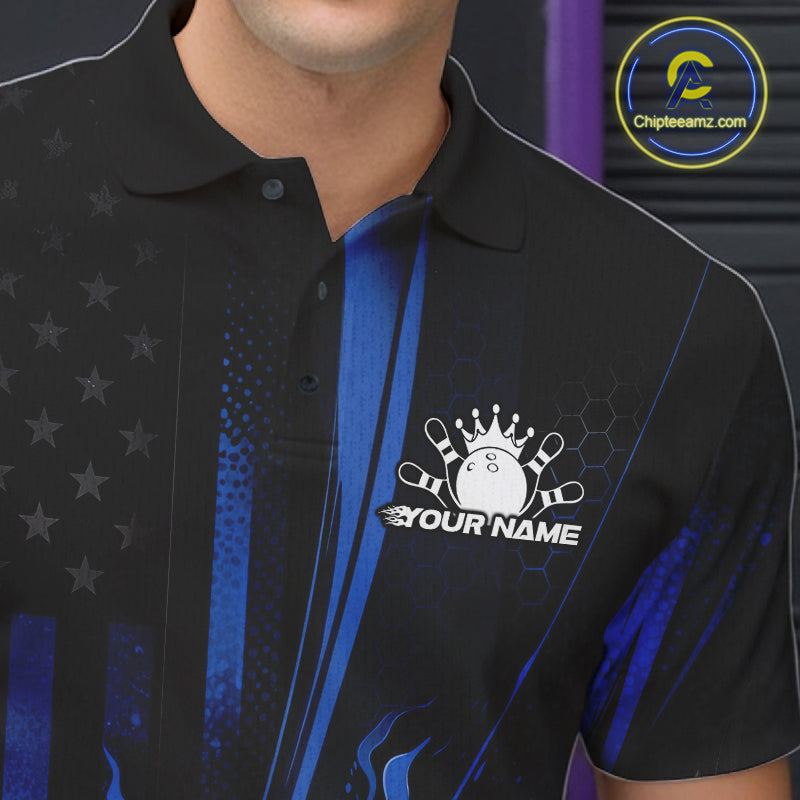 Custom Black And Blue US Flag Patriotic Men Bowling Shirt, American Flame Bowling Jerseys IPHW10641