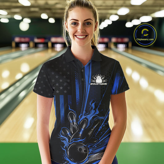 Custom Black And Blue US Flag Patriotic Women Bowling Shirt, American Flame Bowling Jerseys IPHW10641