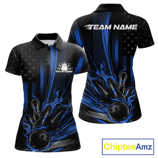 Custom Black And Blue US Flag Patriotic Women Bowling Shirt, American Flame Bowling Jerseys IPHW10641