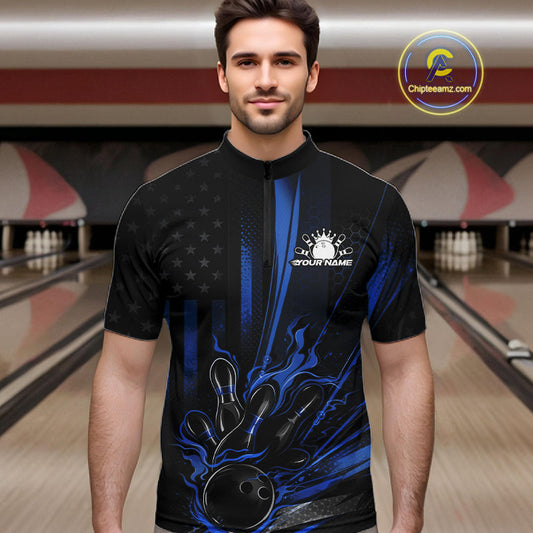 Custom Black And Blue US Flag Patriotic Men Bowling Shirt, American Flame Bowling Jerseys IPHW10641