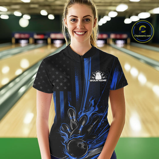 Custom Black And Blue US Flag Patriotic Women Bowling Shirt, Flame Bowling Jerseys IPHW10641