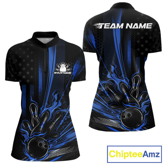Custom Black And Blue US Flag Patriotic Women Bowling Shirt, Flame Bowling Jerseys IPHW10641