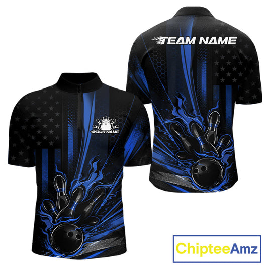 Custom Black And Blue US Flag Patriotic Men Bowling Shirt, American Flame Bowling Jerseys IPHW10641