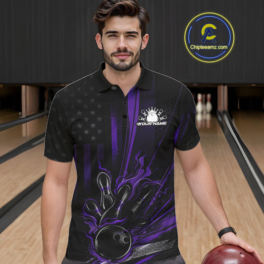 Custom Black And Purple US Flag Patriotic Men Bowling Shirt, American Flame Bowling Jersey IPHW10642