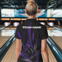 Load image into Gallery viewer, Custom Black And Purple US Flag Patriotic Women Bowling Shirt, Flame Bowling Jersey IPHW10642