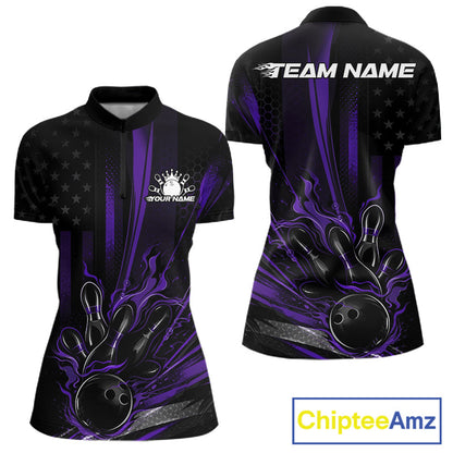 Custom Black And Purple US Flag Patriotic Women Bowling Shirt, Flame Bowling Jersey IPHW10642