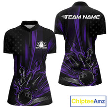 Load image into Gallery viewer, Custom Black And Purple US Flag Patriotic Women Bowling Shirt, Flame Bowling Jersey IPHW10642
