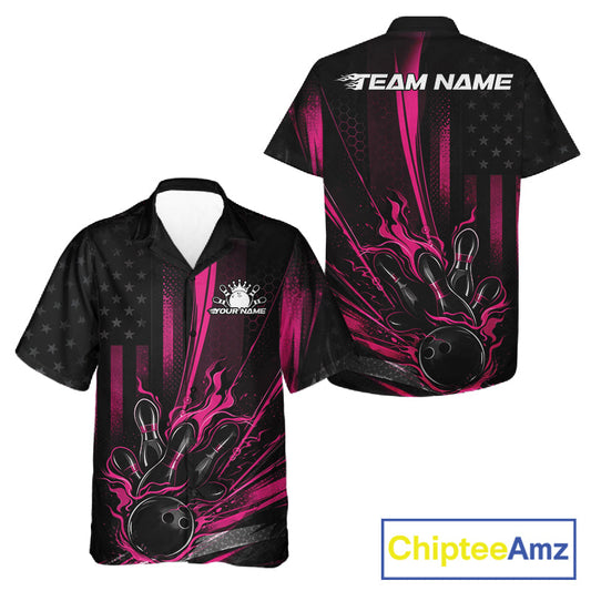 Custom Black And Pink US Flag Patriotic Men And Women Bowling Shirt, American Flame Bowling Jersey IPHW10643