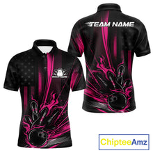 Load image into Gallery viewer, Custom Black And Pink US Flag Patriotic Men Bowling Shirt, American Flame Bowling Jersey IPHW10643
